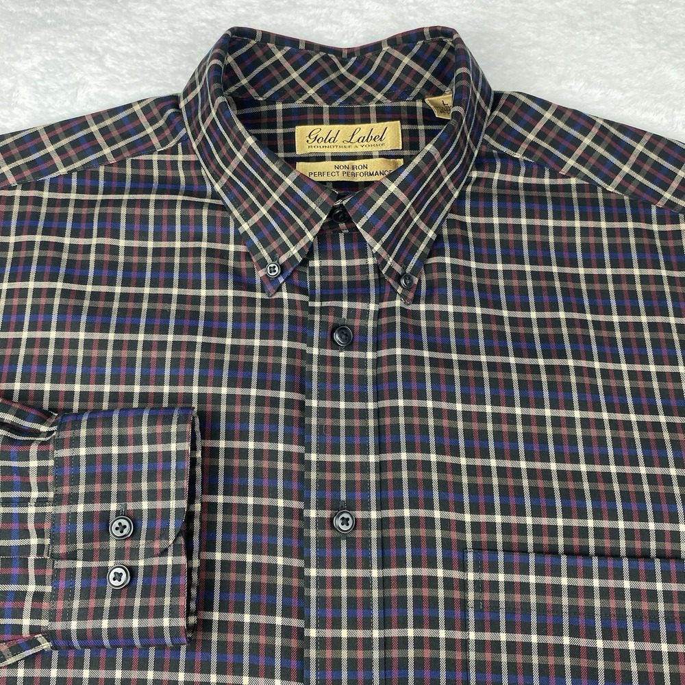 Roundtree & Yorke Gold Label Shirt Mens Large Black w/Multicolor Checks No Iron
